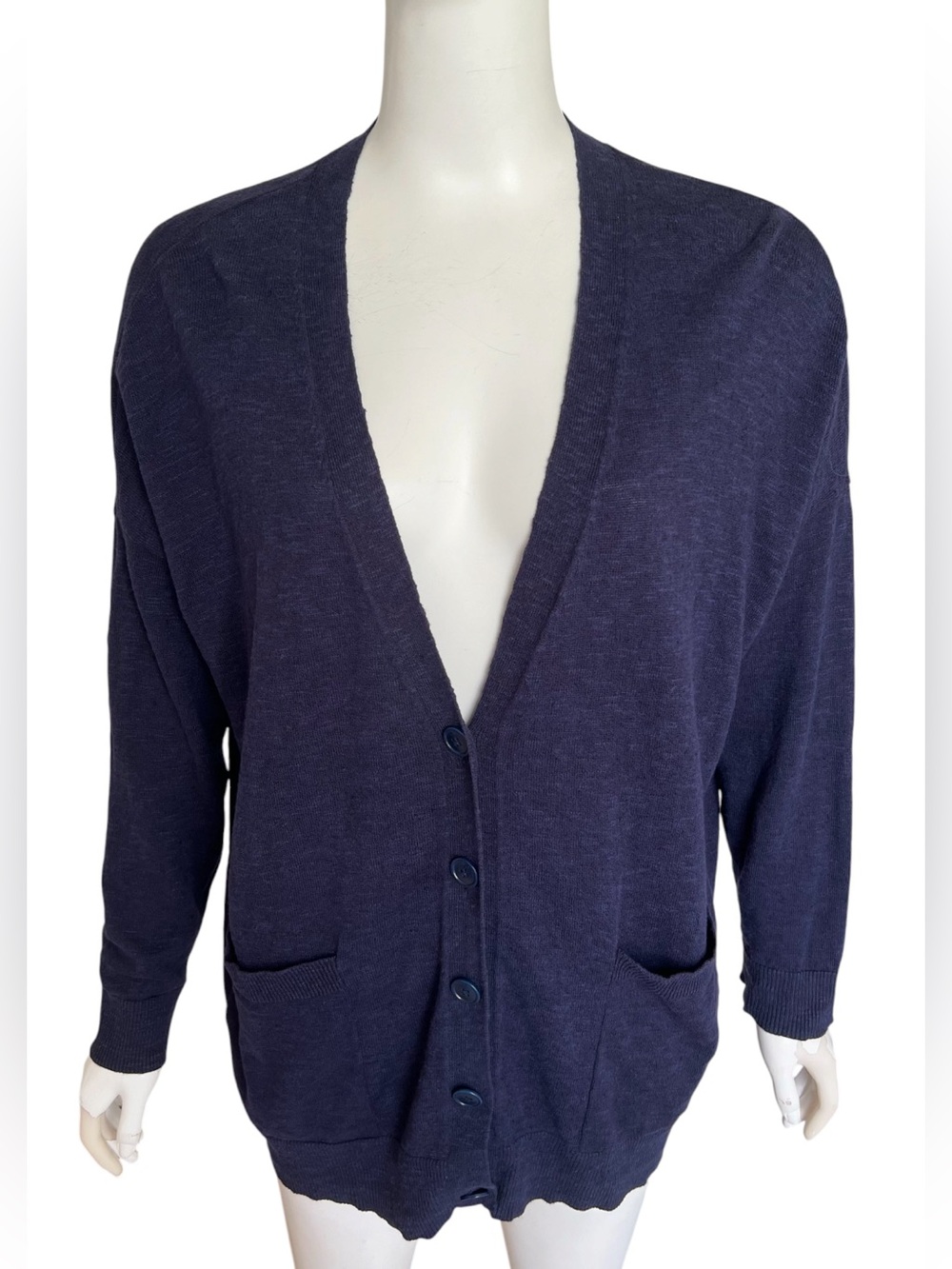 Eileen Fisher Organic Linen Cotton Slub Cardigan Sweater Sz M Navy Blue Pockets - Picture 5 of 12